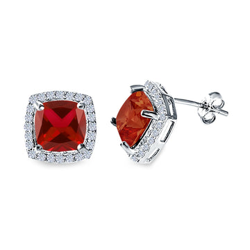 Cushion Cut Stud Earrings Simulated Garnet CZ 925 Sterling Silver